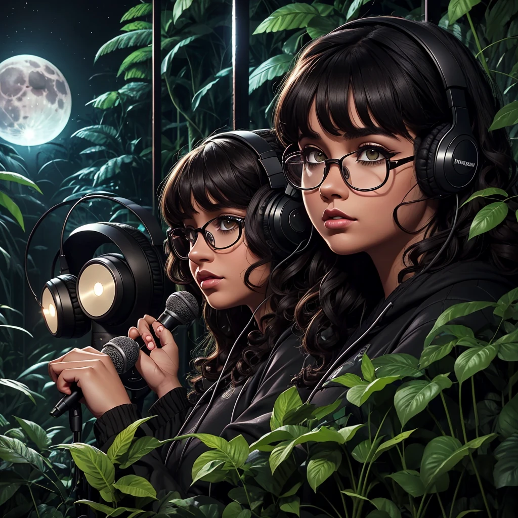 Noche oscura en la densa selva amazónica, logotipo de podcast, Morena, cabello rizado con flequillo, joven podcaster mujer gordita con auriculares y ropa oscura, con mucho maquillaje oscuro, usando lentes, micrófono de radio retro podcast, Sombras en el fondo, Amazon Forest fauna, horror, místico, estilo artístico de los 90, pantalla ancha, alta calidad, luna detrás