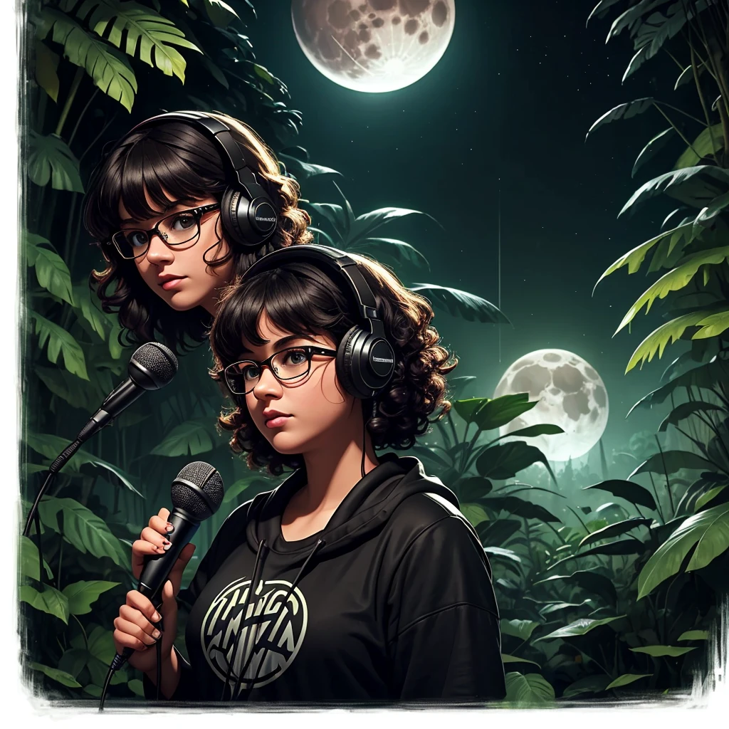 nuit sombre dans la forêt tropicale dense d&#39;Amazonie, logo de podcast, brunette, cheveux bouclés avec une frange, jeune femme potelée de podcasteur portant des écouteurs avec des vêtements sombres, avec un maquillage foncé et épais, porter des lunettes, microphone radio rétro podcast, ombres en arrière-plan, Faune de la forêt amazonienne, horreur, mystique, Le style artistique des années 1990, Écran large, Haute qualité, lune derrière