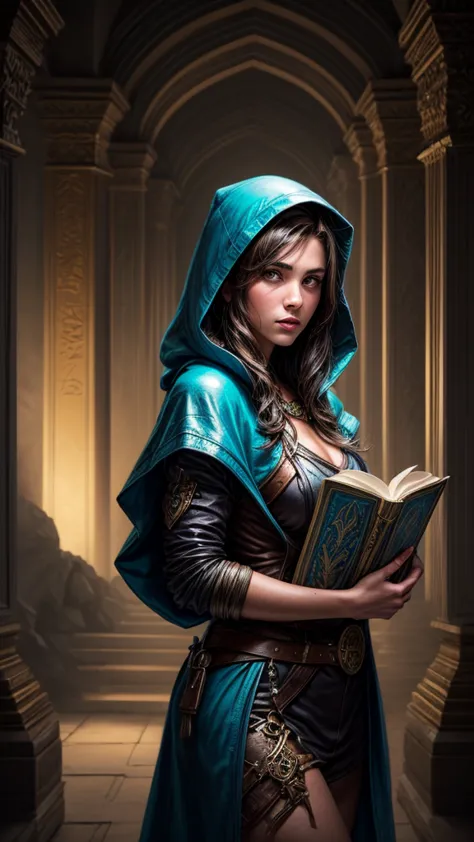 Speed painting of portrait of a fantasy female brunette human adventurer, with a blue hood, in a temple, D&D character, holding ...