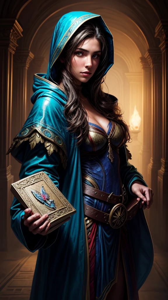 Speed painting of portrait of a fantasy female brunette human adventurer, with a blue hood, in a temple, D&D character, holding a single very large magic book with butterfly on the book cover.