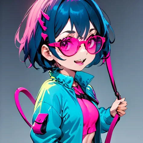 a woman with extremely short wavy hair wearing neon pink glasses and blue skin with sharp teeth wearing neon clothes pulling a l...