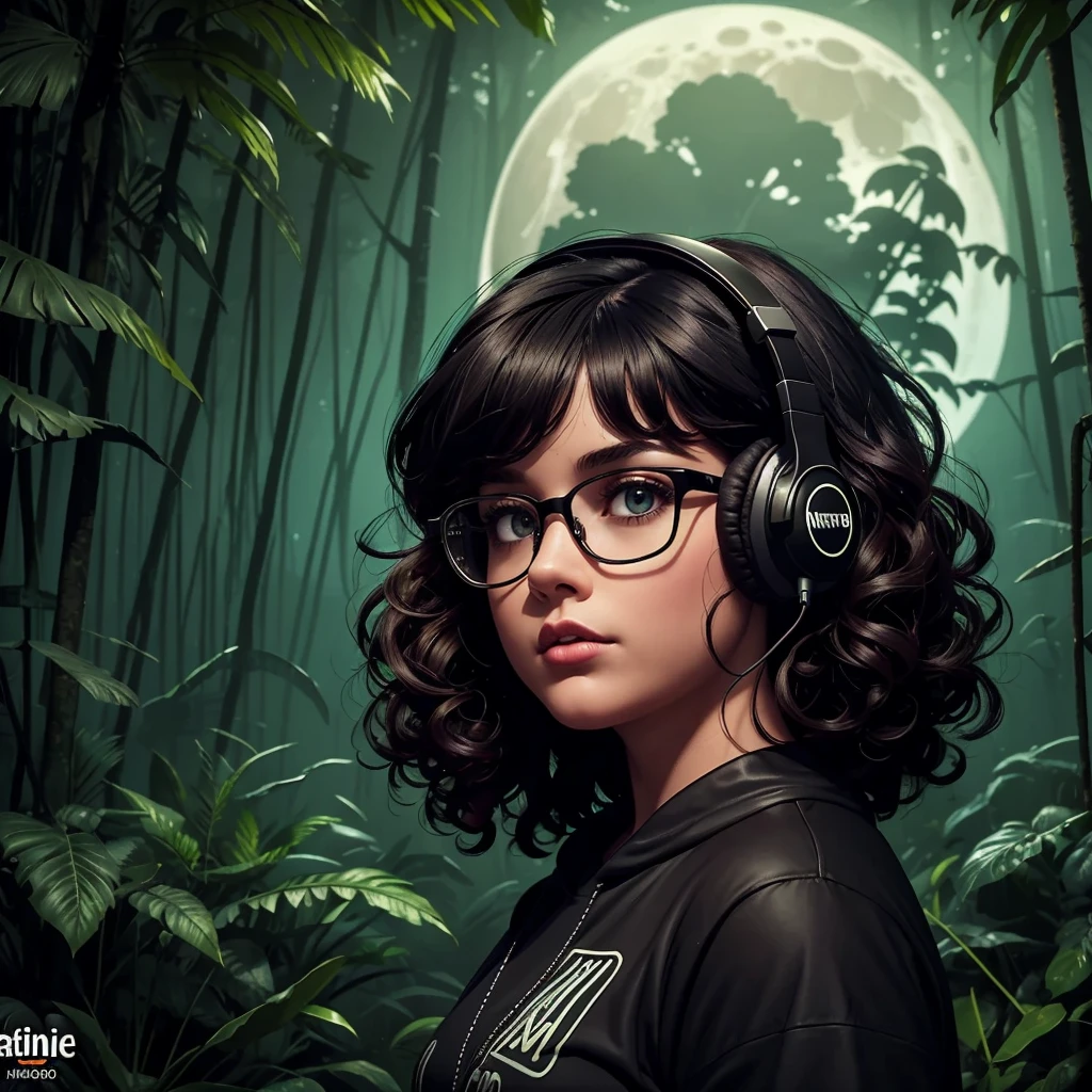 Noche oscura en la densa selva amazónica, logotipo de podcast, Morena, cabello rizado con flequillo, joven podcaster mujer gordita con auriculares y ropa oscura, con mucho maquillaje oscuro, usando lentes, micrófono de radio retro podcast, Sombras en el fondo, Amazon Forest fauna, horror, místico, estilo artístico de los 90, pantalla ancha, alta calidad, luna detrás, scary dark scenario