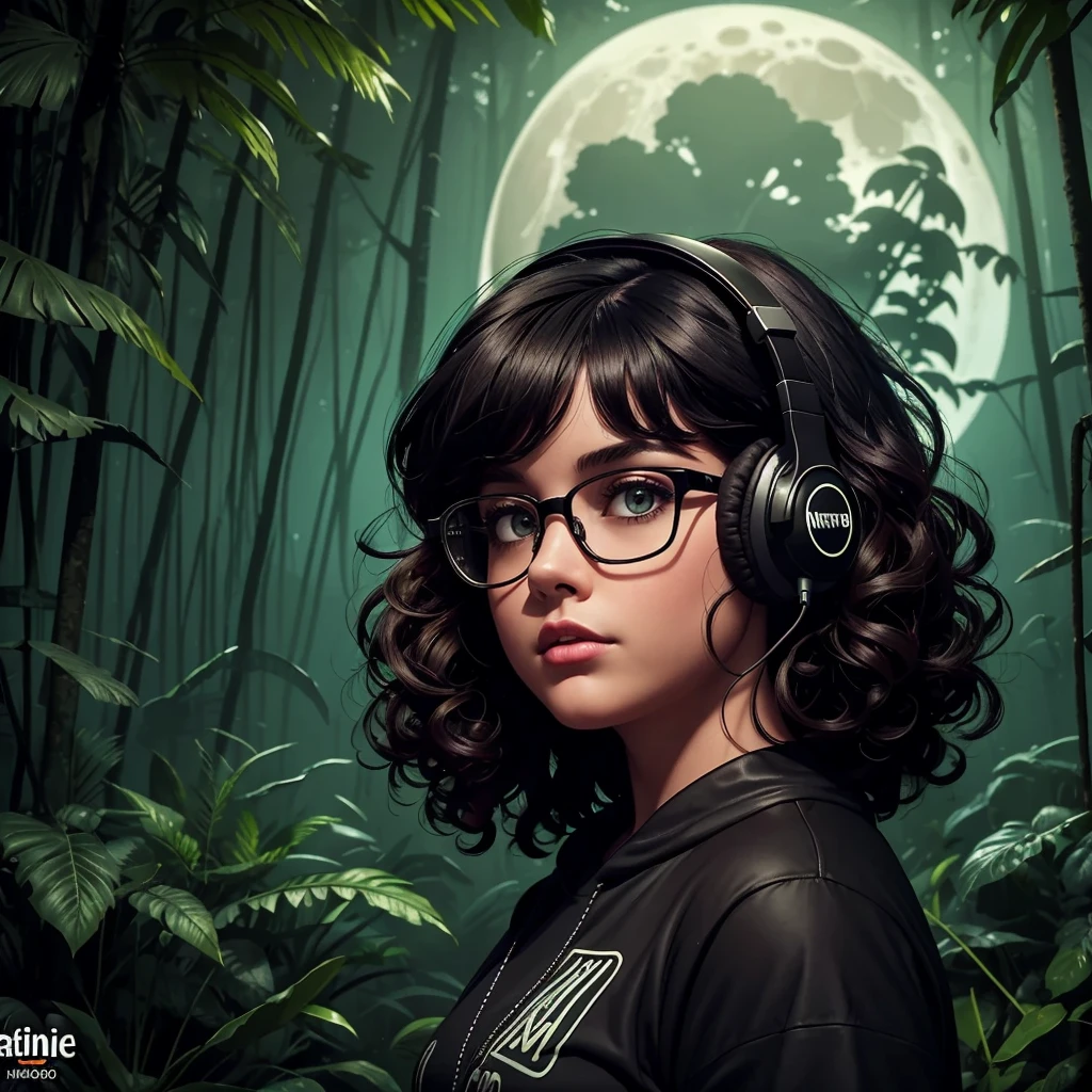 dark night at Amazon dense rainforest, podcast logotype, brunette, curly hair with bangs, young podcaster chubby woman wearing headphones with dark clothes, with dark heavy makeup, wearing glasses, podcast retro radio microphone, shadows in the background, Amazon Forest fauna, horror, mystical, 1990's art style, wide screen, high quality, moon behind, scary dark scenario