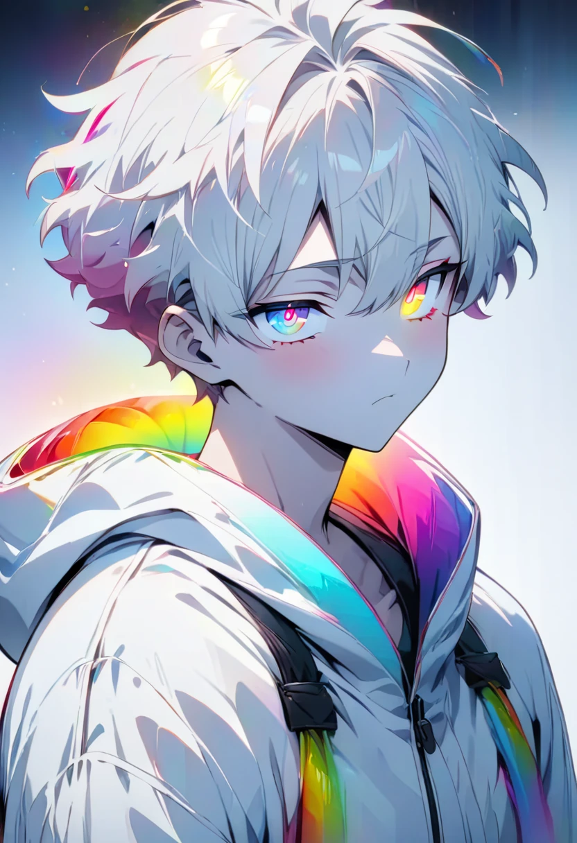 [(WHITE BACKGROUND:1.5)], ((masterpiece)), high quality, ((solo)), ((1 younger boy)), (white color short hair), (rainbow color eye), bright skin, white parka, upper body, ((anime style)),