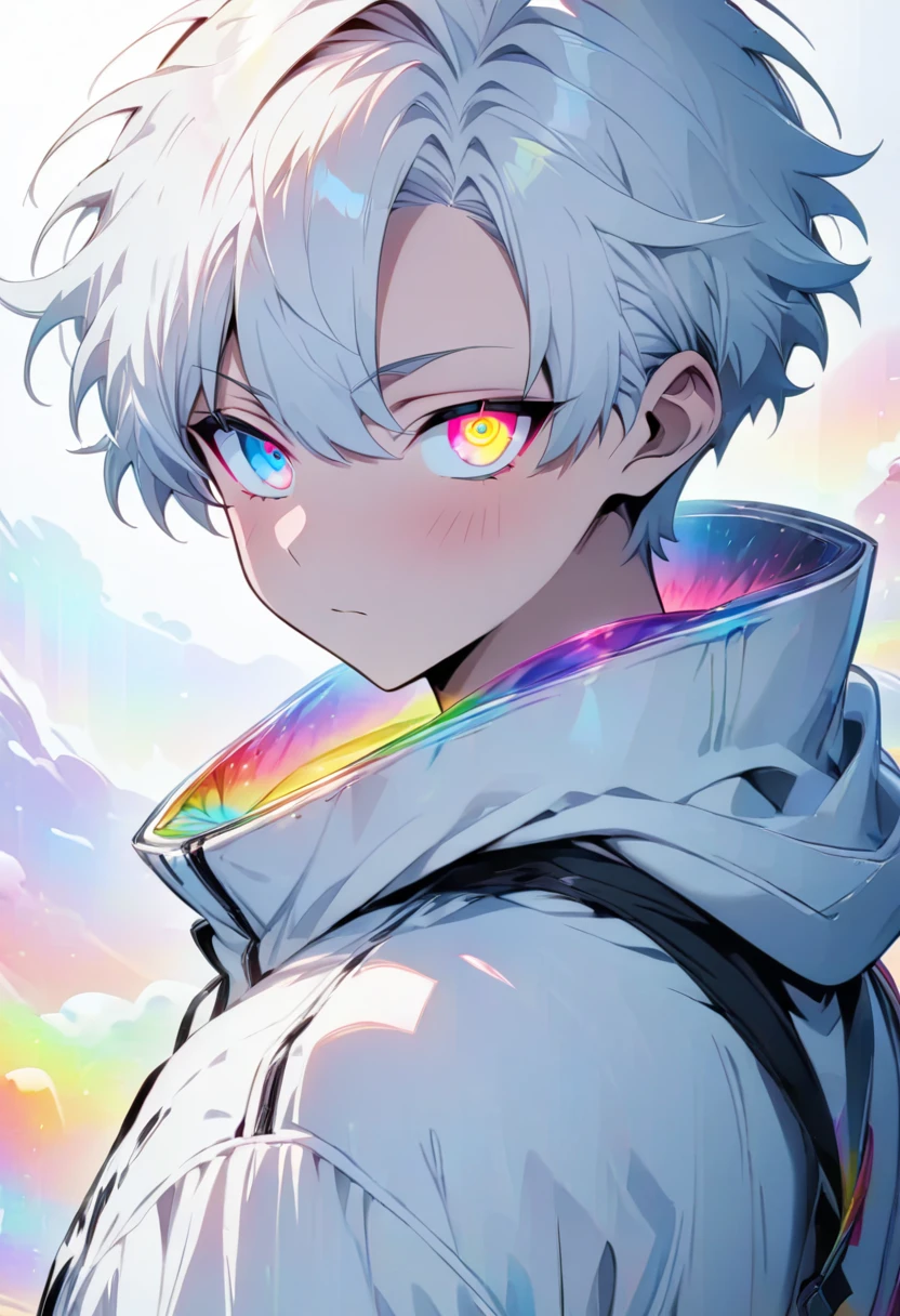 [(WHITE BACKGROUND:1.5)], ((masterpiece)), high quality, ((solo)), ((1 younger boy)), (white color short hair), (rainbow color eye), bright skin, white parka, upper body, ((anime style)),