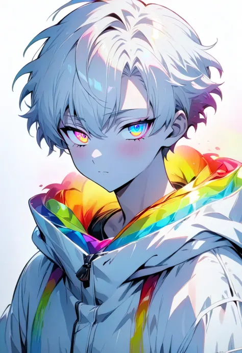 [(WHITE BACKGROUND:1.5)], ((masterpiece)), high quality, ((solo)), ((1 younger boy)), (white color short hair), (rainbow color e...