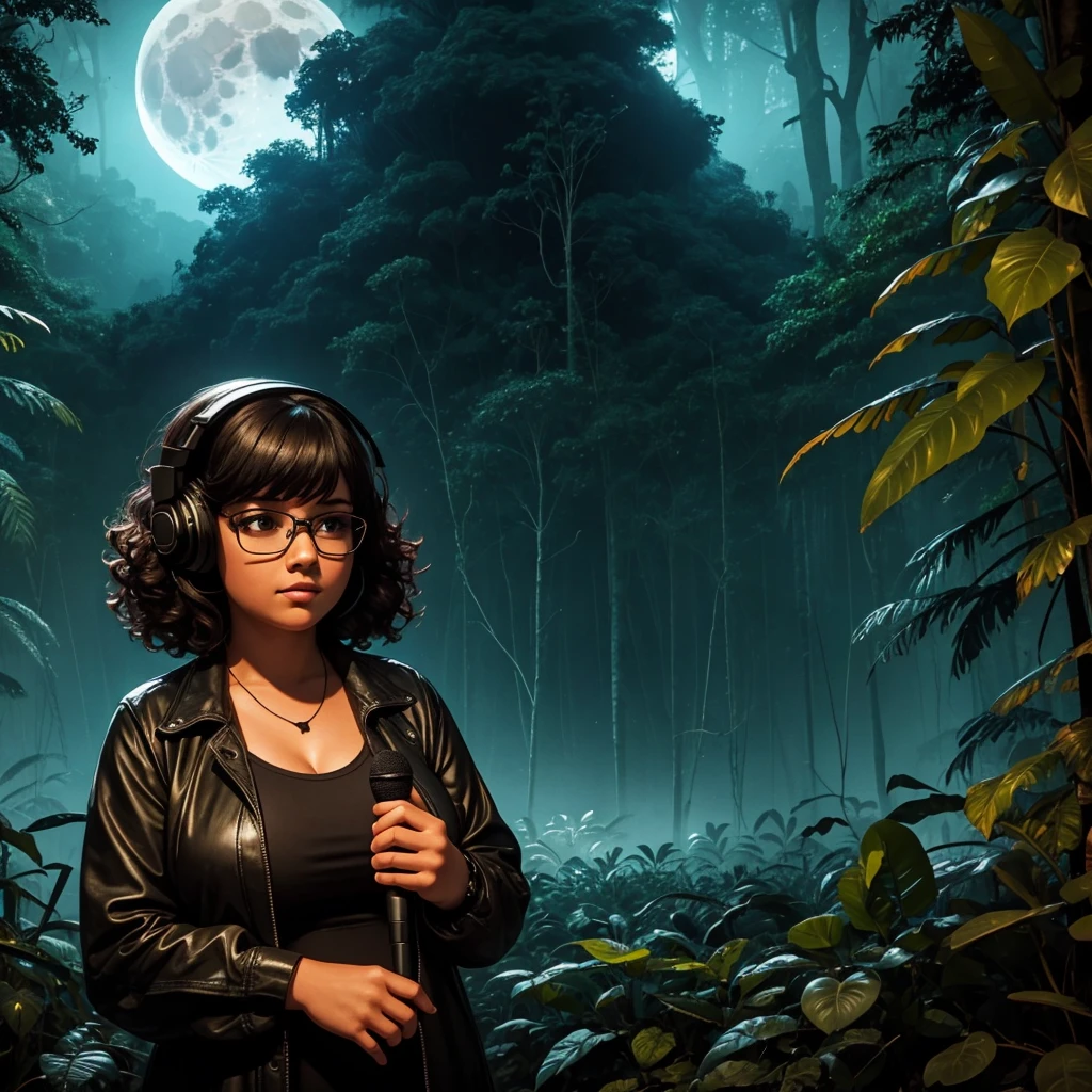 nuit sombre dans la forêt tropicale dense d&#39;Amazonie, logo de podcast, brunette, cheveux bouclés avec une frange, jeune femme potelée de podcasteur portant des écouteurs avec des vêtements sombres, avec un maquillage foncé et épais, porter des lunettes, microphone radio rétro podcast, ombres en arrière-plan, Faune de la forêt amazonienne, horreur, mystique, Le style artistique des années 1990, Écran large, Haute qualité, lune derrière, effrayant, horreur, scénario sombre