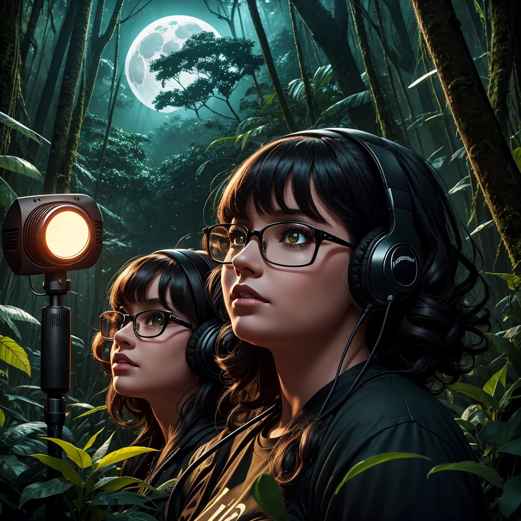 dark night at Amazon dense rainforest, podcast logotype, brunette, curly hair with bangs, young podcaster chubby woman wearing headphones with dark clothes, with dark heavy makeup, wearing glasses, podcast retro radio microphone, shadows in the background, Amazon Forest fauna, horror, mystical, 1990's art style, wide screen, high quality, moon behind, scary, horror, dark scenario