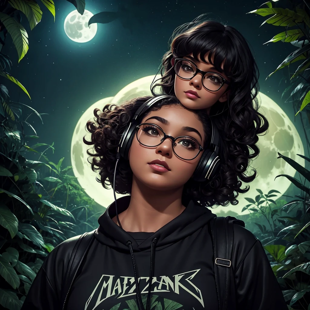 Noche oscura en la densa selva amazónica, logotipo de podcast, Morena, cabello rizado con flequillo, joven podcaster mujer gordita con auriculares y ropa oscura, con mucho maquillaje oscuro, usando lentes, micrófono de radio retro podcast, Sombras en el fondo, Amazon Forest fauna, horror, místico, estilo artístico de los 90, pantalla ancha, alta calidad, luna detrás, aterrador, horror, dark scenario