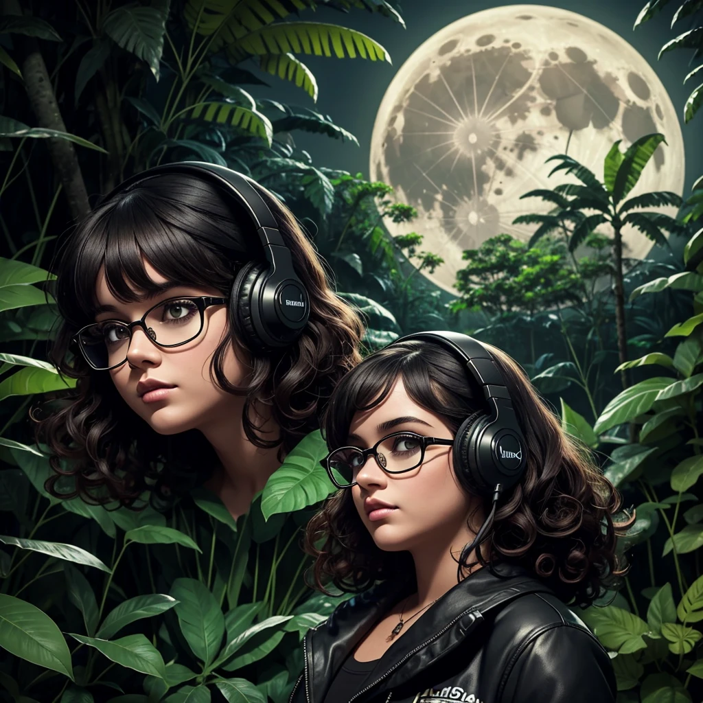 Noche oscura en la densa selva amazónica, logotipo de podcast, Morena, cabello rizado con flequillo, joven podcaster mujer gordita con auriculares y ropa oscura, con mucho maquillaje oscuro, usando lentes, micrófono de radio retro podcast, Sombras en el fondo, Amazon Forest fauna, horror, místico, estilo artístico de los 90, pantalla ancha, alta calidad, luna detrás, aterrador, horror, dark scenario