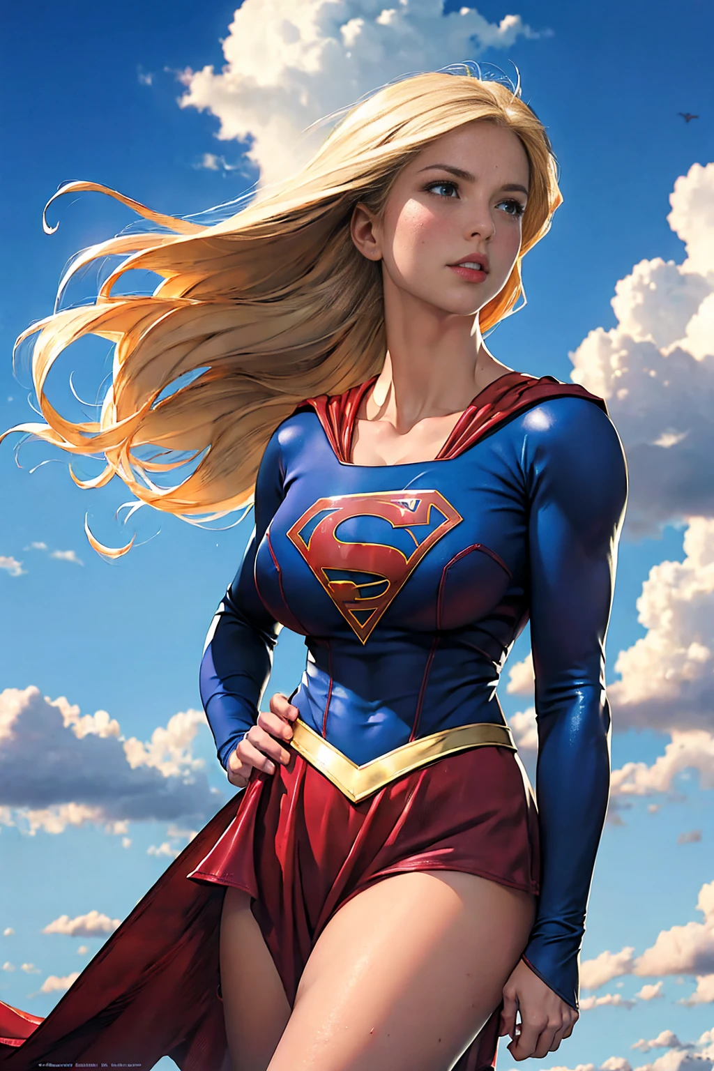 Art image of Supergirl, busty, beautiful, blonde hair, large breasts, flying in the clouds, blue sky, , by Louis Royo, Boris Vallejo, Frank Frazetta, extreme focus, sharp details, sexy, oily skin, sexy, naughty, sexy pose,