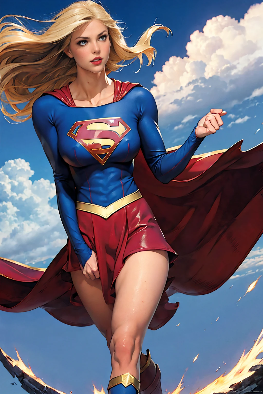 Art image of Supergirl, busty, beautiful, blonde hair, large breasts, flying in the clouds, blue sky, , by Louis Royo, Boris Vallejo, Frank Frazetta, extreme focus, sharp details, sexy, oily skin, sexy, naughty, sexy pose,