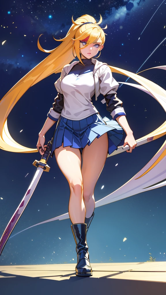 1 girl, ultra long hair, ultra detailed face, glowing lips, glowing blue eyes, very long ponytail, elegant walk, catwalk, holding down a  giant katana, blonde, long eyelashes, long boots , looking to the sky, starry sky, a ultra giant katana 