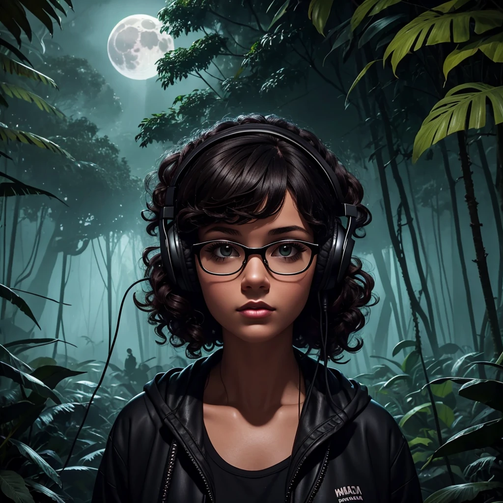 dark night at Amazon dense rainforest, podcast logotype, brunette, curly hair with bangs, young podcaster chubby woman wearing headphones with dark clothes, with dark heavy makeup, wearing glasses, podcast retro radio microphone, shadows in the background, Amazon Forest fauna, horror, mystical, 1990's art style, wide screen, high quality, moon behind, scary, horror, dark scenario