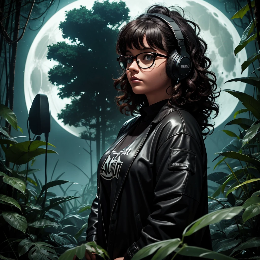 dark night at Amazon dense rainforest, podcast logotype, brunette, curly hair with bangs, young podcaster chubby woman wearing headphones with dark clothes, with dark heavy makeup, wearing glasses, podcast retro radio microphone, shadows in the background, Amazon Forest fauna, horror, mystical, 1990's art style, wide screen, high quality, moon behind, scary, horror, dark scenario