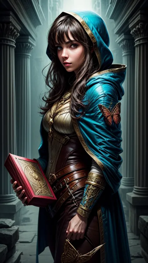 Speed painting of portrait of a fantasy female brunette human adventurer, with a blue hood, in a temple, D&D character, holding ...