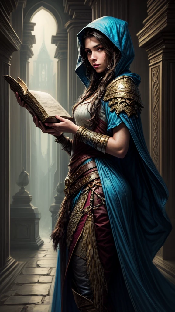 Pintura rápida del retrato de una aventurera humana morena de fantasía, con capucha azul, in a temple, d&d character, sosteniendo con ambas manos un gran libro mágico con una mariposa en la portada