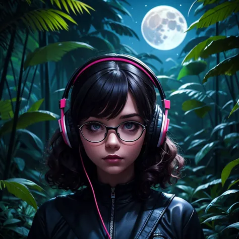 dark night at Amazon dense rainforest, podcast logotype, brunette, curly hair with bangs, young podcaster chubby woman wearing h...