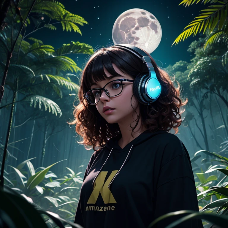 dunkle Nacht im dichten Amazonas-Regenwald, Podcast-Logo, Brünette, lockiges Haar mit Pony, junge Podcasterin mollige Frau trägt Kopfhörer mit dunkler Kleidung, mit dunklem, starkem Make-up, Brille tragen, Podcast Retro Radio Mikrofon, Schatten im Hintergrund, Fauna des Amazonaswalds, Grusel, mystisch, Kunststil der 1990er Jahre, Breitbild, gute Qualität, Mond hinter sich, Beängstigend, Grusel, dunkles Szenario