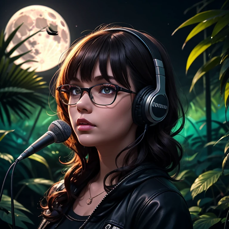 dark night at Amazon dense rainforest, podcast logotype, brunette, curly hair with bangs, young podcaster chubby woman wearing headphones with dark clothes, with dark heavy makeup, wearing glasses, podcast retro radio microphone, shadows in the background, Amazon Forest fauna, horror, mystical, 1990's art style, wide screen, high quality, moon behind, scary, horror, dark scenario