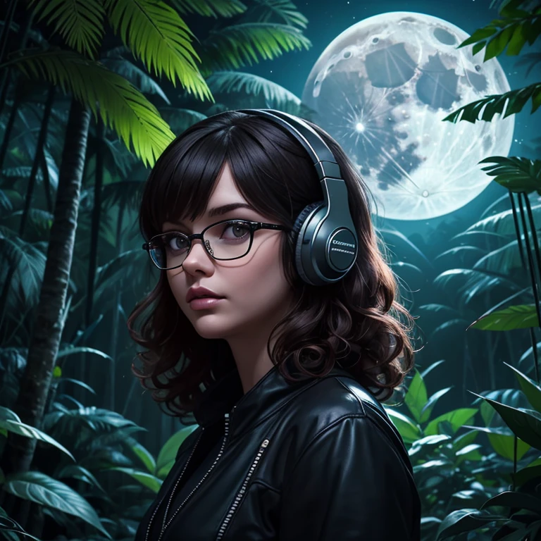 nuit sombre dans la forêt tropicale dense d&#39;Amazonie, logo de podcast, brunette, cheveux bouclés avec une frange, jeune femme potelée de podcasteur portant des écouteurs avec des vêtements sombres, avec un maquillage foncé et épais, porter des lunettes, microphone radio rétro podcast, ombres en arrière-plan, Faune de la forêt amazonienne, horreur, mystique, Le style artistique des années 1990, Écran large, Haute qualité, lune derrière, effrayant, horreur, scénario sombre