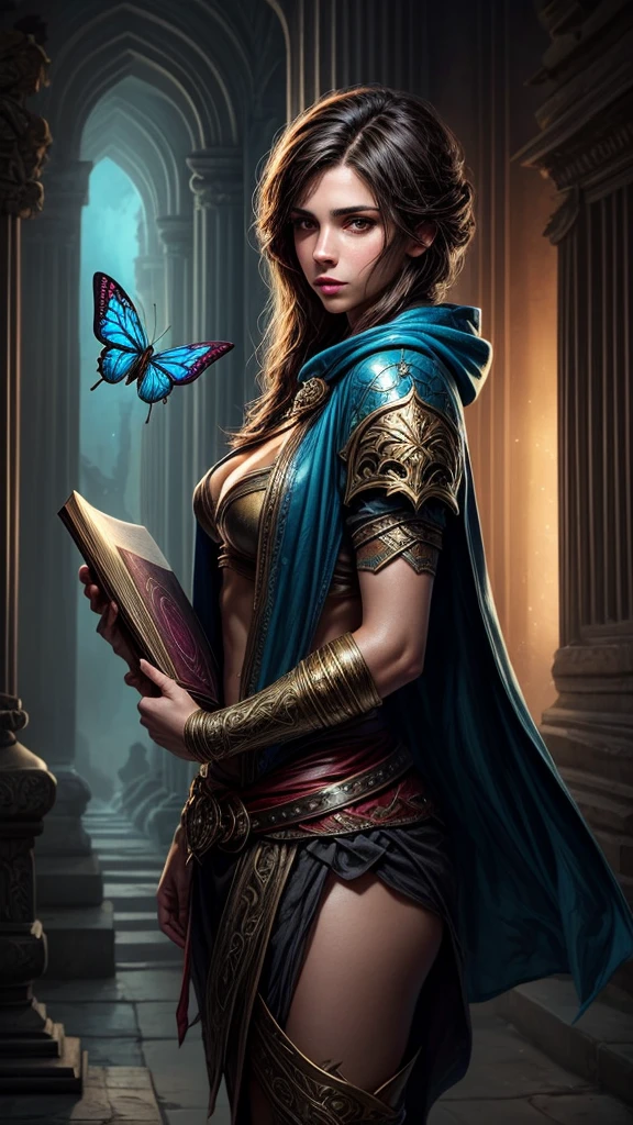 Pintura rápida del retrato de una aventurera humana morena de fantasía, con capucha azul, in a temple, d&d character, sosteniendo con ambas manos un gran libro mágico con una mariposa en la portada