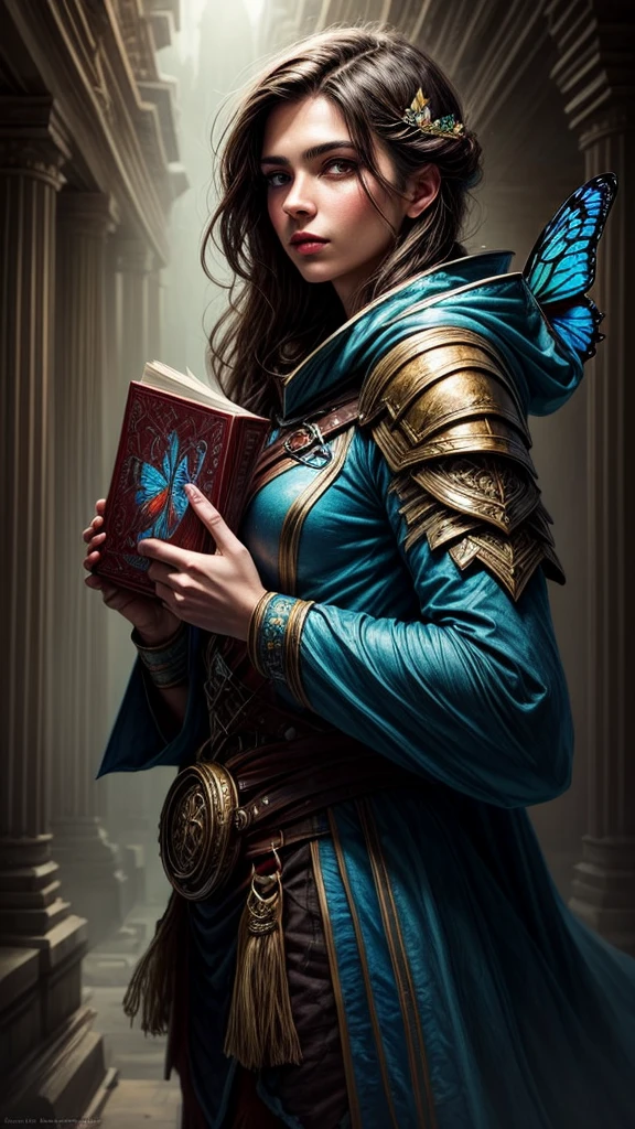 Speed painting of portrait of a fantasy female brunette human adventurer, with a blue hood, in a temple, D&D character, holding with both hands a large magic book with butterfly on the book cover