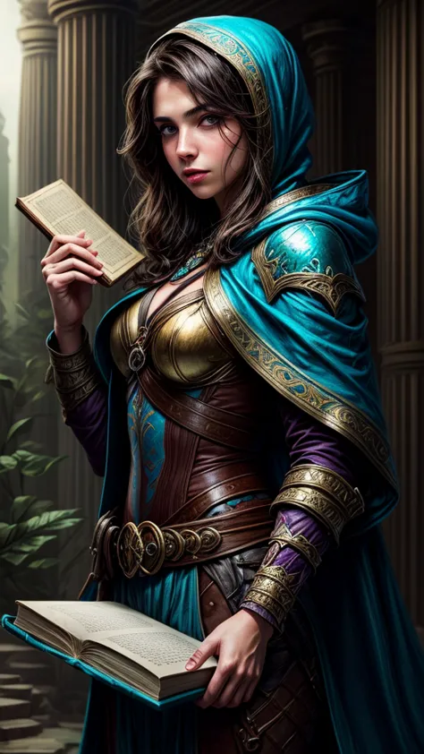 Speed painting of portrait of a fantasy female brunette human adventurer, with a blue hood, in a temple, D&D character, holding ...