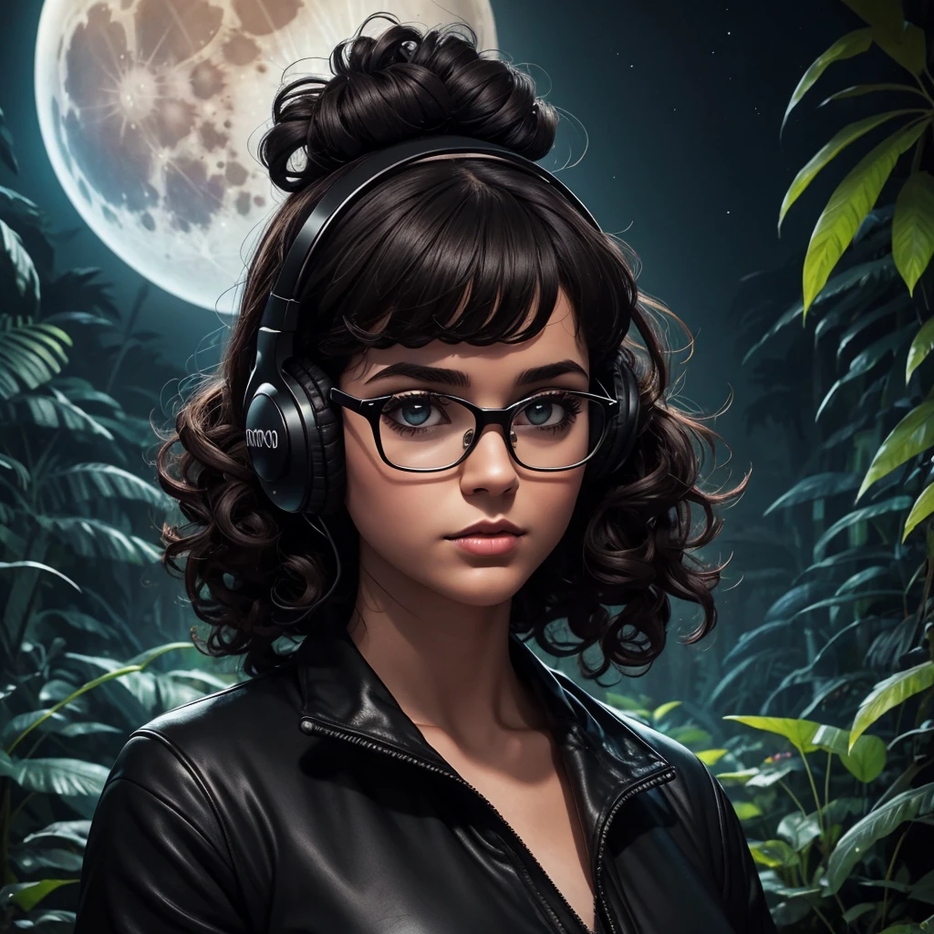 nuit sombre dans la forêt tropicale dense d&#39;Amazonie, logo de podcast, brunette, cheveux bouclés avec une frange, jeune femme potelée de podcasteur portant des écouteurs avec des vêtements sombres, avec un maquillage foncé et épais, porter des lunettes, microphone radio rétro podcast, ombres en arrière-plan, Faune de la forêt amazonienne, horreur, mystique, Style artistique des années 1970, Écran large, Haute qualité, lune derrière, effrayant, horreur, scénario sombre, des fantômes, créatures maléfiques sur le dos.