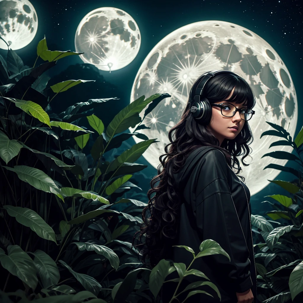 dark night at Amazon dense rainforest, podcast logotype, brunette, curly hair with bangs, young podcaster chubby woman wearing headphones with dark clothes, with dark heavy makeup, wearing glasses, podcast retro radio microphone, shadows in the background, Amazon Rainforest fauna, horror, mystical, 1970's art style, wide screen, high quality, moon behind, scary, horror, dark scenario, ghosts, evilish creatures on the back.