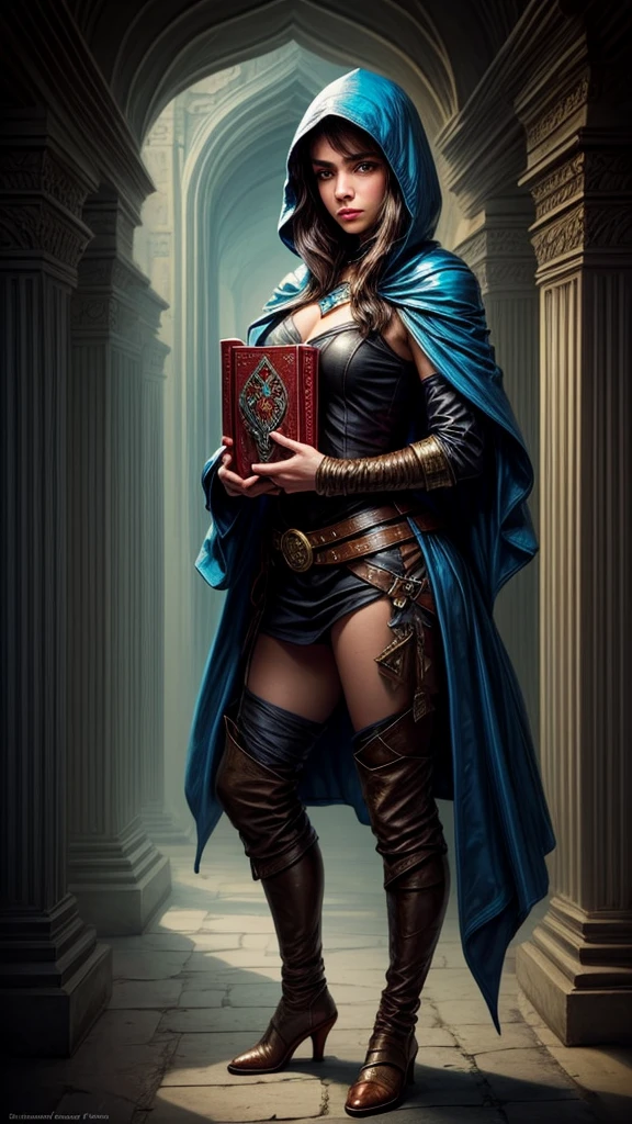 Pintura rápida del retrato de una aventurera humana morena de fantasía, con capucha azul, in a temple, d&d character, sosteniendo con ambas manos un gran libro encuadernado en cuero con una mariposa en la portada