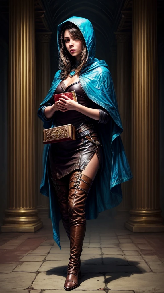 Peinture rapide du portrait d&#39;une aventurière humaine brune fantastique, avec une capuche bleue, dans un temple, D&personnage d, tenant à deux mains un grand livre relié en cuir avec un papillon sur la couverture du livre
