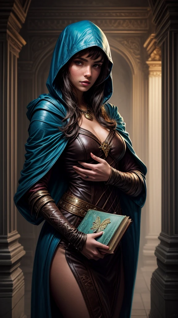 Speed painting of portrait of a fantasy female brunette human adventurer, with a blue hood, in a temple, D&D character, holding with both hands a large leather bound book with butterfly on the book cover