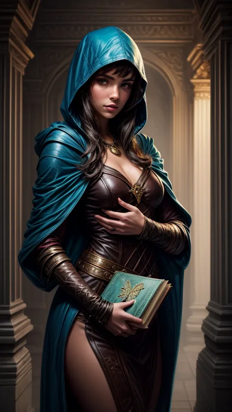 speed painting of portrait of a fantasy female brunette human adventurer, with a blue hood, in a temple, d&d character, holding ...