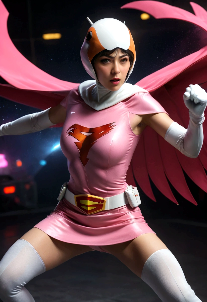 A girl in pink Gatchaman costume, long boots, long gloves, kicking enemies, detailed face, H3JTS, giga_busty, best quality, 4k, 8k, highres, masterpiece:1.2, ultra-detailed, realistic, photorealistic, photo-realistic:1.37, HDR, UHD, studio lighting, ultra-fine painting, sharp focus, physically-based rendering, extreme detail description, professional, vivid colors, bokeh, concept art