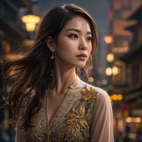 beautiful detailed asian woman, wearing aodai, looking at camera, night cityscape, digital painting, masterpiece, highly detaile...
