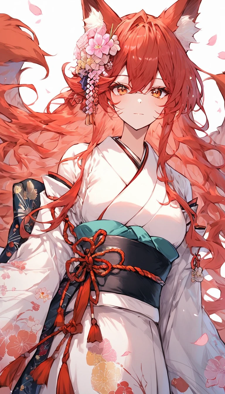 score_9, score_8_superior, score_7_superior, score_6_superior,a pretty asain woman with red hair and orange eyes in the anime stylized world, 1girl, solo, animal ears, japanese clothes, long hair, red hair, hair ornament, flower, hair flower, kimono, looking at viewer, fox ears, tail, obi, sash, white kimono, long sleeves, fox girl, closed mouth