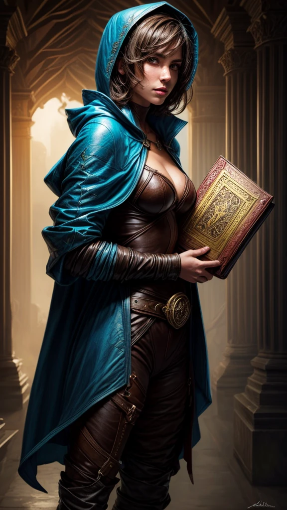 Speed painting of portrait of a fantasy female brunette human adventurer, with a blue hood, in a temple, D&D character, holding a large leather bound book with butterfly on the book cover