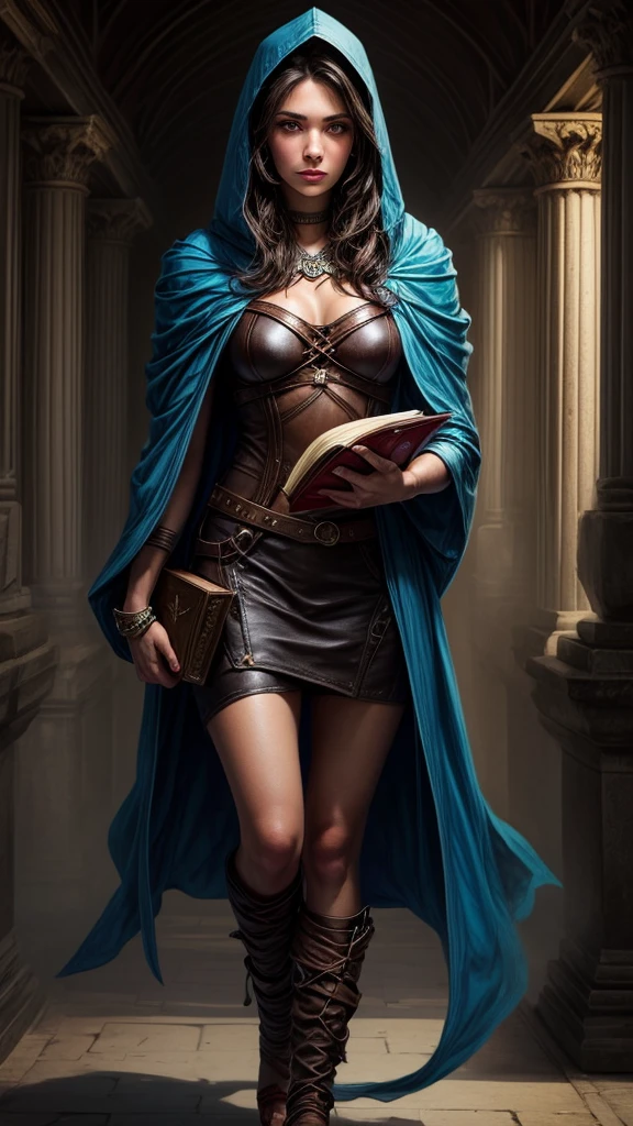 Speed-Painting eines Porträts einer fantasievollen weiblichen Brünetten-Abenteurerin, mit blauer Kapuze, in einem Tempel, D&D-Charakter, hält ein großes, in Leder gebundenes Buch mit Schmetterling auf dem Buchdeckel
