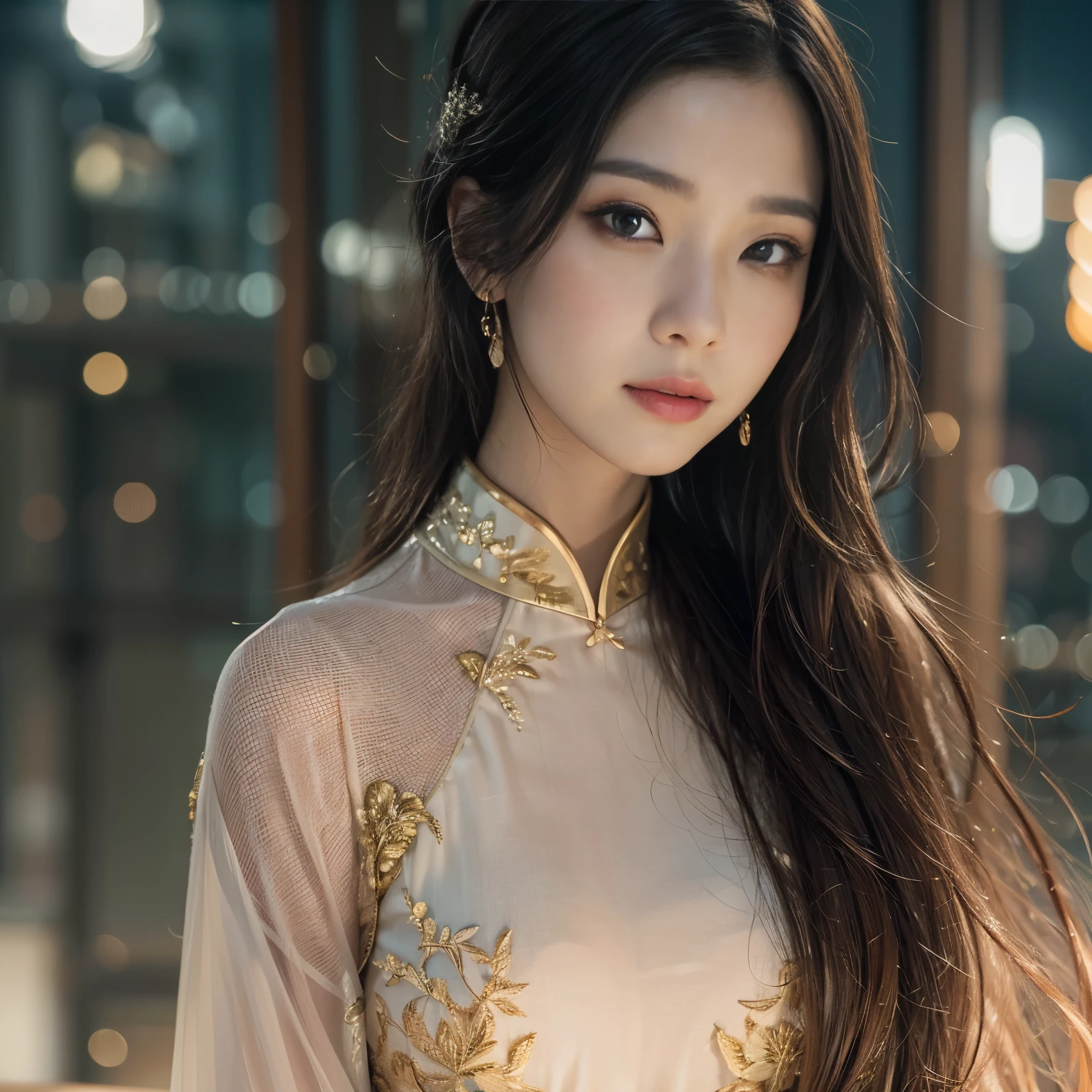 Beautiful and exquisite Asian woman、Wearing Ao Dai and looking at the camera、Night cityscape、Digital Painting、masterpiece、Very sophisticated、Cinematic照明、Warm Tone Palette、Atmospheric、elegant、delicate、beautiful、Intricate details、Photorealistic、8k、highest quality、(Real:1.4)、(Photorealistic:1.2)、Dramatic lighting、Moody、Atmospheric、Cinematic、Bright colors、Intricate details、Perfect Skin、Long Hair、Soft Focus、Depth of written boundary、Rule of thirds composition