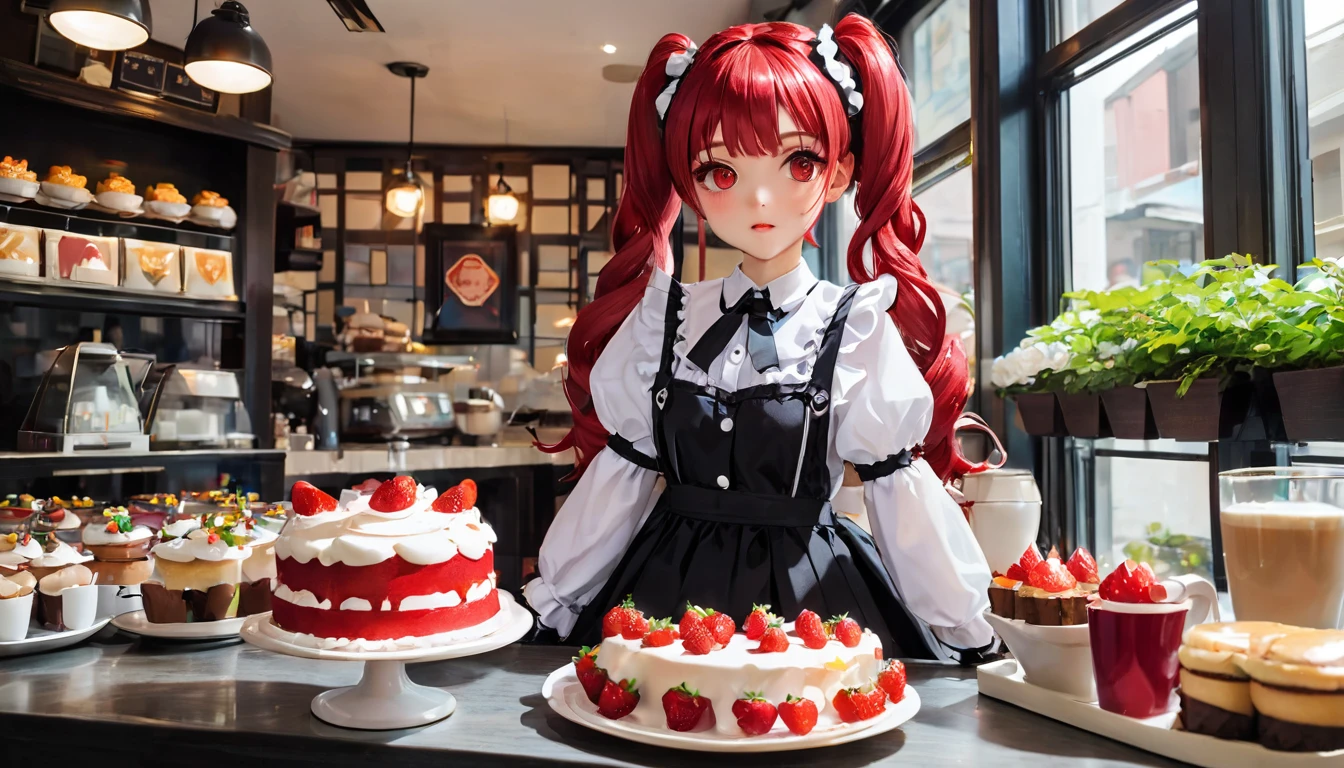 Photos promotionnelles, L&#39;emplacement est un café, 1 fille, Le visage d'un , La serveuse apporte le gâteau à table, Queues jumelles cheveux roux, visage gentil, Un costume de lolita mi-gothique mi-maid d&#39;inspiration fraise, s&#39;habiller en blanc,