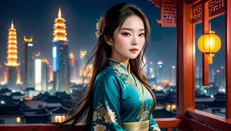 Beautiful and exquisite Asian woman、Wearing Ao Dai and looking at the camera、Night cityscape、Digital Painting、masterpiece、Very s...
