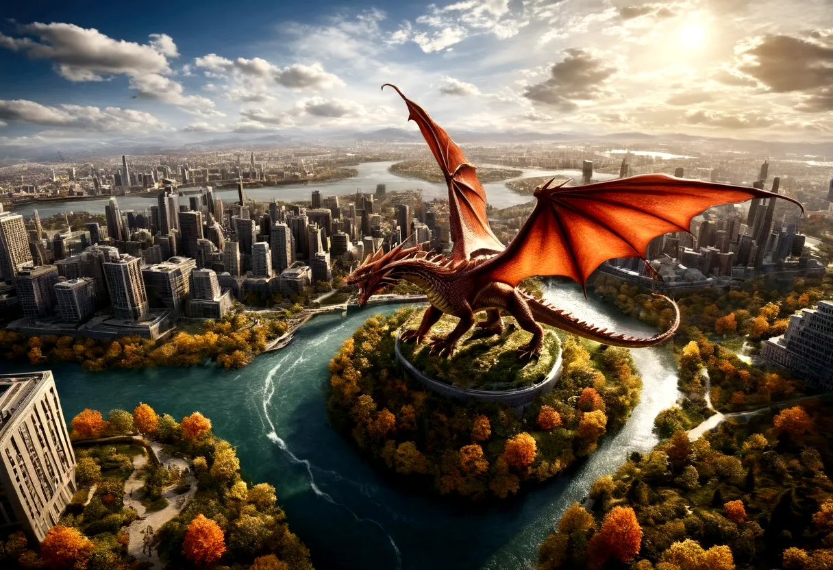 arafed, a picture of a dragon flying above a modern city, ((picture taken  from above the dragon: 1.5), modern city is laid unde...