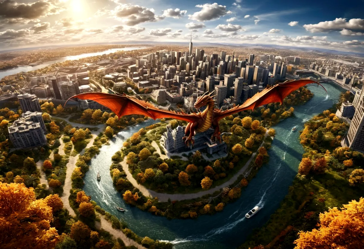 arafed, a picture of a dragon flying above a modern city, ((picture taken  from above the dragon: 1.5), modern city is laid unde...