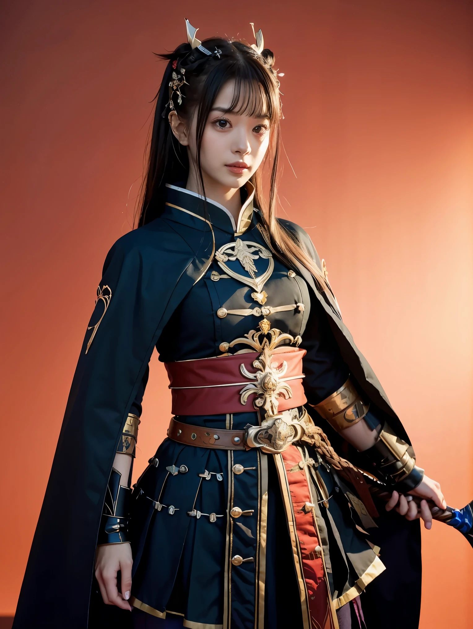 girl with sword and armor standing in front of a red background, onmyoji detailed art, ayaka genshin impact, onmyoji, ayaka game genshin impact, keqing from genshin impact, irelia, zhongli from genshin impact, extremely detailed artgerm, onmyoji portrait, black - haired mage, blue electro eyes