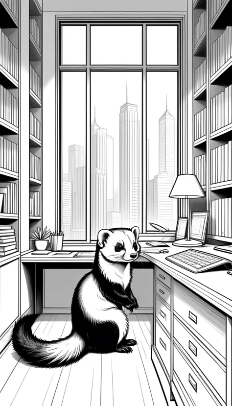 linear black and white drawing of a friendly ferret works quietly in his beautiful office. Wide view, simple lines, thin and def...