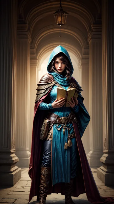 Speed painting of portrait of a fantasy female brunette human adventurer, with a blue hood, in a temple, D&D character, holding ...
