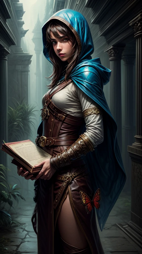 Speed-Painting eines Porträts einer fantasievollen weiblichen Brünetten-Abenteurerin, mit blauer Kapuze, in einem Tempel, D&D-Charakter, hält ein großes, in Leder gebundenes Buch mit einem Schmetterling auf dem Buchdeckel