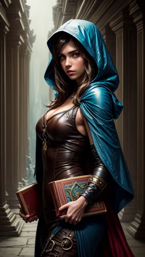 Speed painting of portrait of a fantasy female brunette human adventurer, with a blue hood, in a temple, D&D character, holding ...