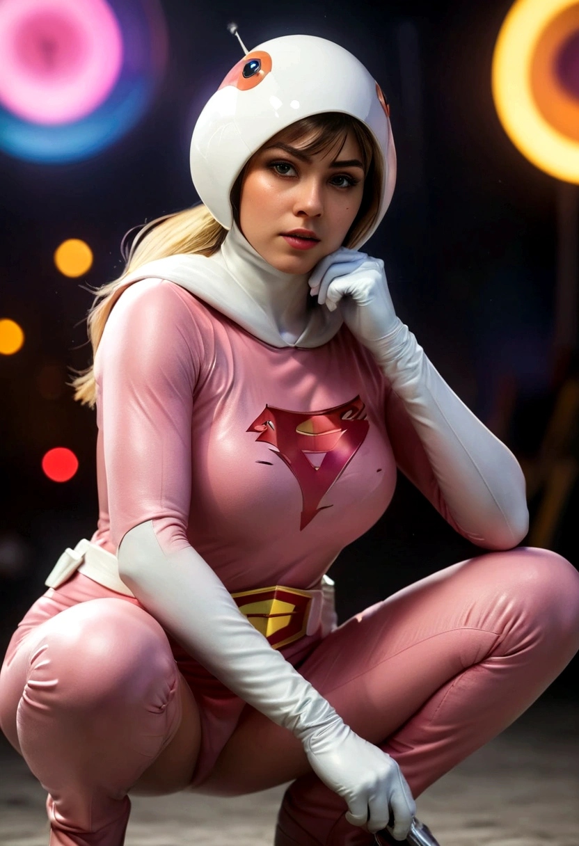 A girl in pink Gatchaman costume, long boots, long gloves, squatting, detailed face, H3JTS, giga_busty, best quality, 4k, 8k, highres, masterpiece:1.2, ultra-detailed, realistic, photorealistic, photo-realistic:1.37, HDR, UHD, studio lighting, ultra-fine painting, sharp focus, physically-based rendering, extreme detail description, professional, vivid colors, bokeh, concept art